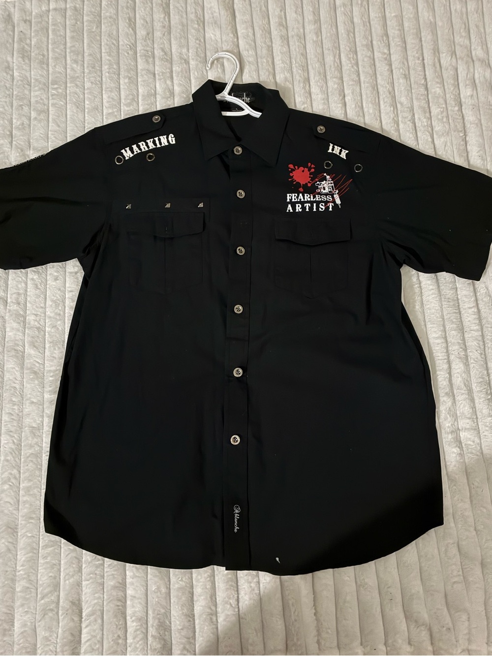 Black and Red Vintage Tattoo Ablanche Button Up Y2K